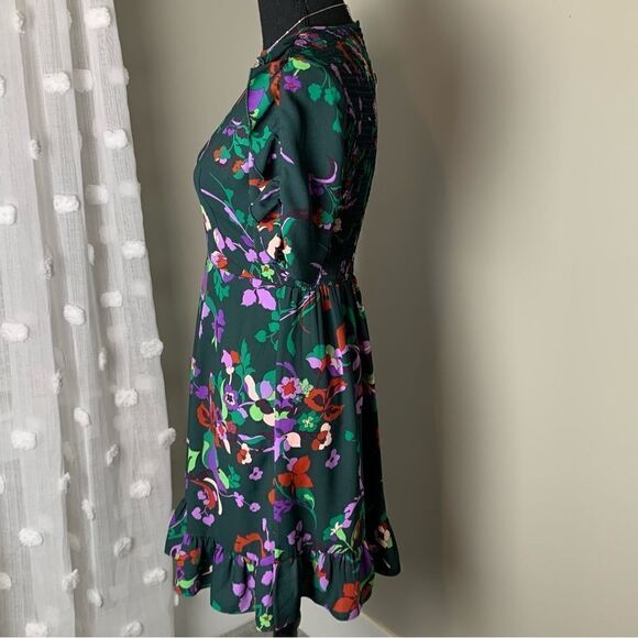 Kate Spade Fleur Nouveau dark green‎ floral smocked ruffle mini dress size 0 - Picture 3 of 17